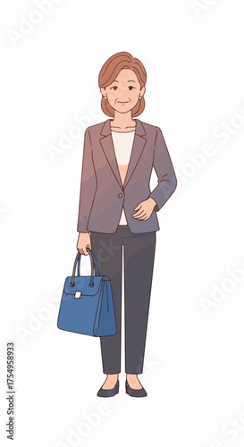 Middle aged woman with handbag smiling, isolated on white background. Woman has elegant outfit: jacket, pants, and office bag. This image is related to stages of human life.