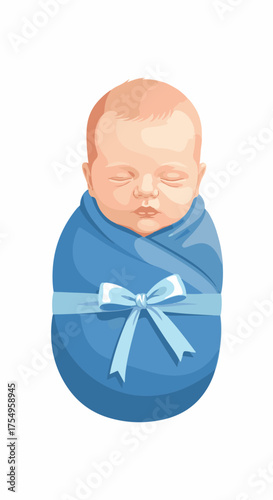 Cute newborn baby wrapped in a blue blanket, infant is sleeping soundly. Newborn baby swaddled with a ribbon, cozy, snug and comfortable.