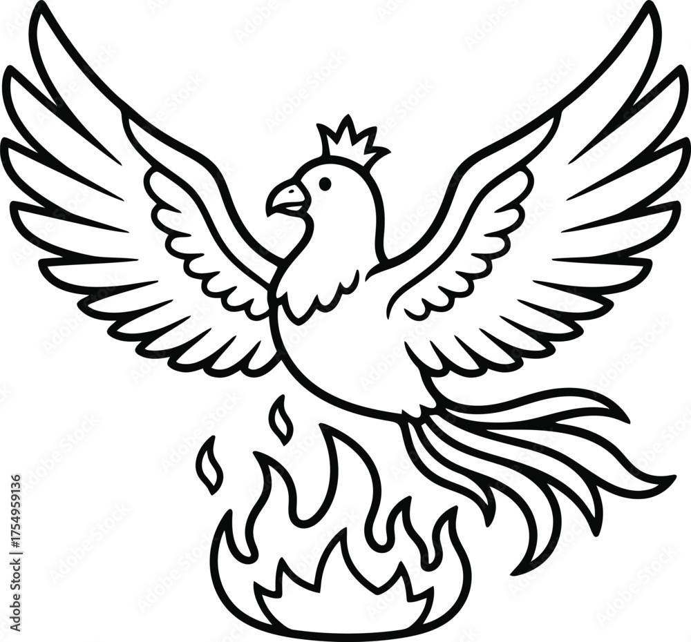 Fototapeta premium Mythical phoenix bird with outstretched wings rising from a fiery blaze wearing a crown