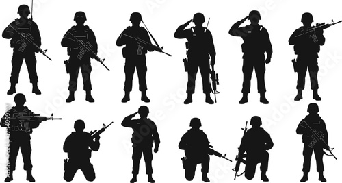 Soldier silhouettes, military poses, rifle holding, army gear, saluting troops, tactical stance, combat ready, black figures, defense illustration, war theme