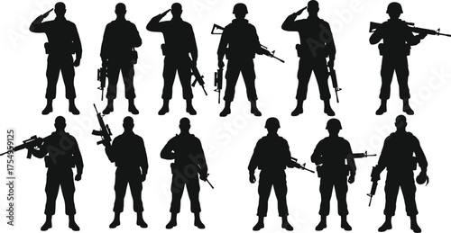 Military silhouettes, soldier poses, rifle salute, army tribute, patriotic honor, defense force, war memorial, veteran respect, saluting troops, battlefield ceremony