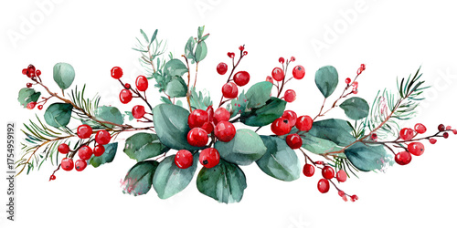 Festive Watercolor Wreath: Berries & Greens on Black