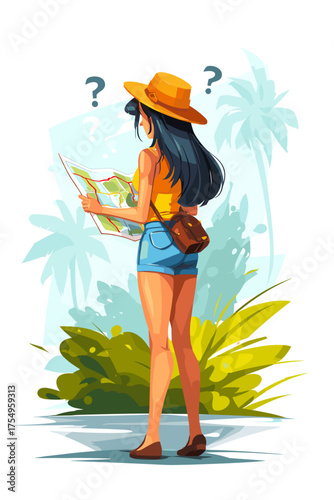 Young Woman Exploring with a Map in a Tropical Setting