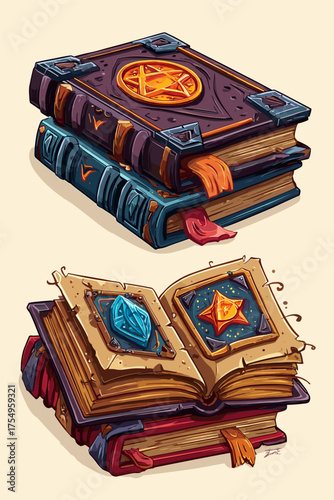 Fantasy Themed Spell Books with Magical Symbols and Elements