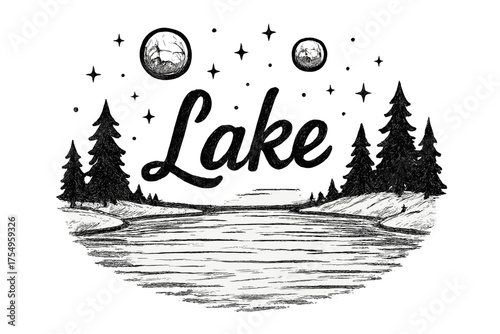 Frozen Lake Art. Hand-drawn frozen lake with moons, sparkles, and trees, center word “Lake” in black and white isolated