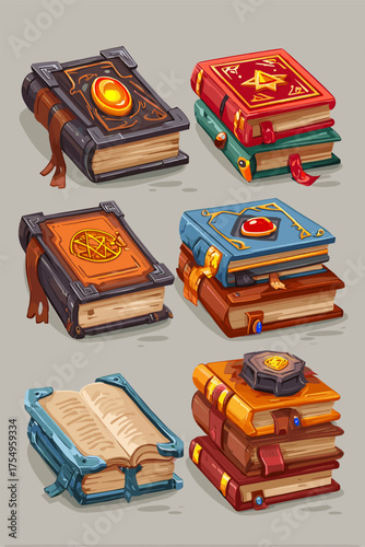 A Collection of Enchanted Spellbooks in Various Colors and Designs