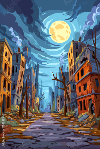 Haunting Urban Landscape: Abandoned Cityscape Under Full Moon