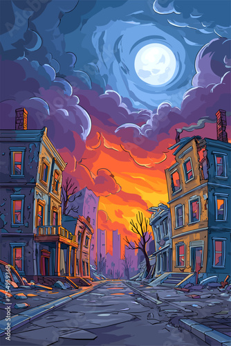 Post-Apocalyptic Cityscape Under a Full Moon