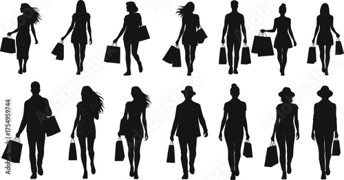 Silhouettes of shoppers, fashion diversity, retail lifestyle, consumer behavior, shopping bags, walking people, urban style, commercial scene, black silhouettes, trendy outfits