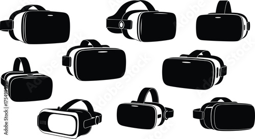 Virtual reality headset collection, VR goggles silhouette, modern tech gear, immersive gaming device, futuristic eyewear, black and white illustration, ergonomic design