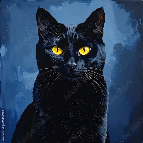 Portrait of a glossy black cat with bright yellow eyes on a dark blue background
