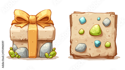Stylized, cartoon illustration of a wrapped stone box and textured stone slab