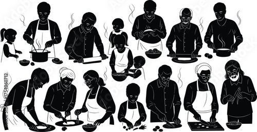 Cooking together, family kitchen, culinary learning, kids cooking, teamwork in kitchen, food preparation, baking class, chef hats, home cooking, group activity