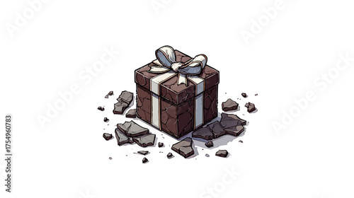 Cartoon illustration of a gift box with a ribbon on broken rock pieces