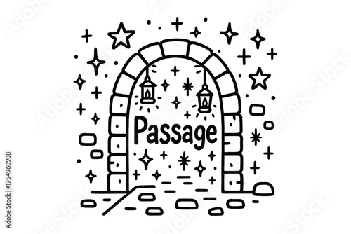 Secret Passage Doodle. Doodle secret passage with stars, lanterns, and sparkles, center word “Passage” in black and white isolated