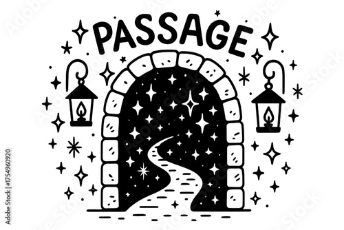 Secret Passage Doodle. Doodle secret passage with stars, lanterns, and sparkles, center word “Passage” in black and white isolated