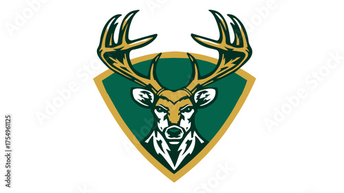 Deer head with large antlers in shield shape, green and gold colors, isolated on white