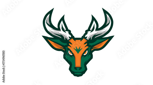 A stylized animal head, featuring antlers, a symmetrical design with orange, green, and white