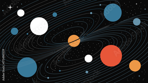 Illustration of planets in space with orbital paths and stars in a dark cosmic background view scene