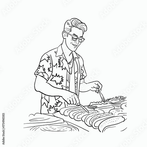 Retro 1950s Fashionable Chef Expertly Crafting Mouthwatering Hot Dogs at a Lively Outdoor Summer Barbecue Celebration