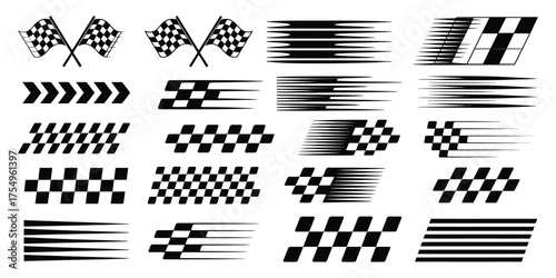 Racing Stripe and Cars Vector Set Including Checkered Flags, Finish Line Graphics, Dynamic Lines, Motorsport Elements, Automotive Competition Themes, and Motocross Labels Perfect for Speed-Themed Desi