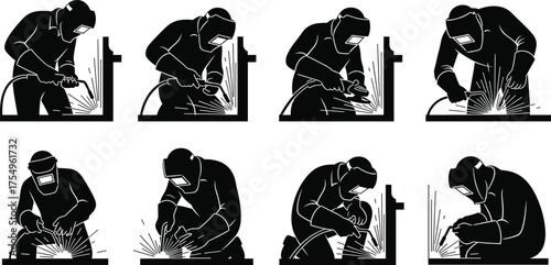 Welding, worker, silhouette, sparks, metalwork, industrial, safety, helmet, gloves, torch, construction, fabrication, black, white, posture, technique, skilled, tradesman, manufacturing, engineering