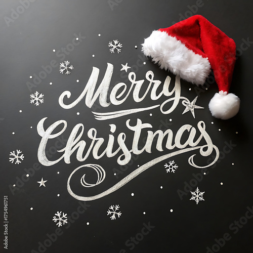 Merry christmas handwritten text with santa hat and snowflakes on blackboard