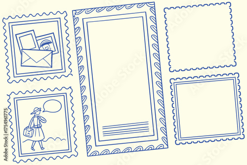 Vintage hand-drawn blue postage stamp frame set with mail envelope, portrait, and speaking woman sketch, perfect for retro design, letter art, postal decor, and creative illustration projects.