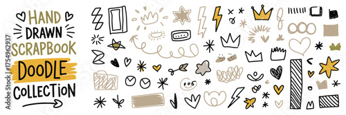 Rayon Drawn Scrapbook Doodle Collection Featuring Hand-Drawn Scribbles, Crayon Lightnings, Crowns, Stars, Arrows, and Rock and Roll Punk Stickers Perfect for Scrapbook Design and Collages