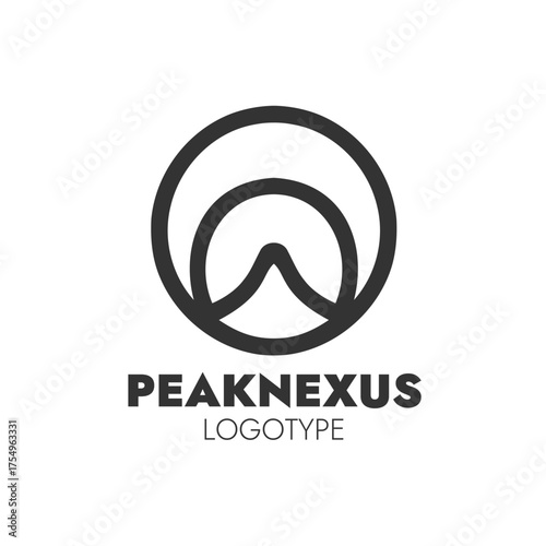 PEAKNEXUS logo features abstract mountain nexus symbol in circular design, representing elevation and connected identity