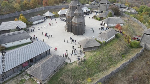 Zaporizhzhia, Ukraine. Aerial view of Ukrainian Cossack fortress, Zaporizhian Sich, an old wooden church, houses, museum on Khortytsia Island in Ukrainian city Zaporizhzhia.