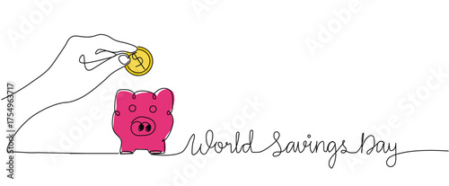 Hand holding dollar golden coin putting in pink piggy bank for saving money symbol sign with world saving day lettering one line continuous Outline Art, doodle outline for poster, banner copyspace 