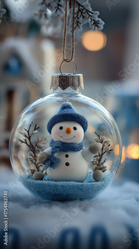A snowman in a hard hat and gloves intently uses a tablet with a stylus, set against a dark, glowing industrial background. created by ai