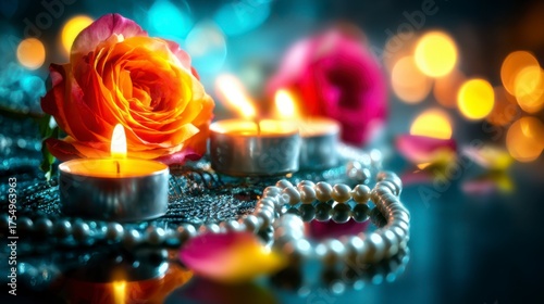 A Serene Display of Roses and Candles Creating a Romantic Atmosphere, Enhanced by Soft Lighting and Delicate Details
