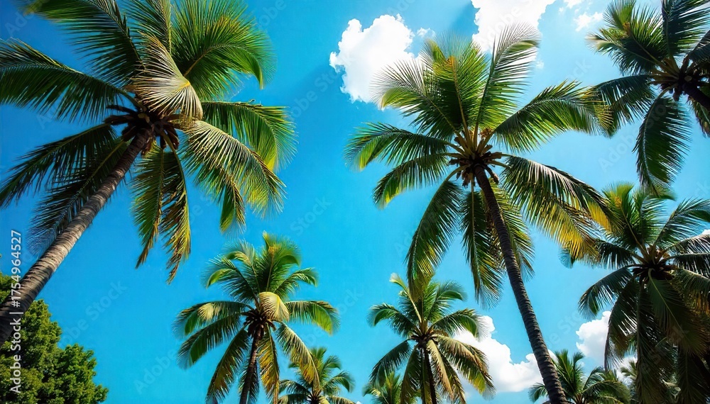 Fototapeta premium Indonesian Coconut Palm Grove Lush Green Fronds Swaying Gently in a Tropical Breeze, Vibrant Blue Sky