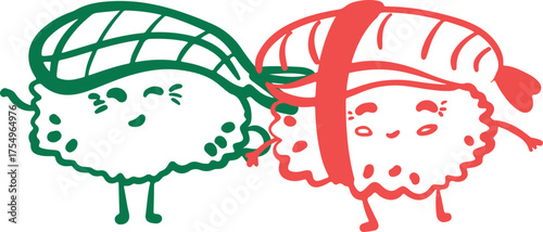 Sushi japanese food logo for sushi restaurant or delivery. Hand drawn elements for menu design, vector colorful illustration collection.	
