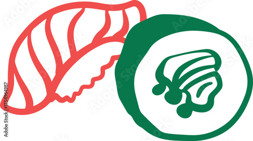 Sushi japanese food logo for sushi restaurant or delivery. Hand drawn elements for menu design, vector colorful illustration collection.	
