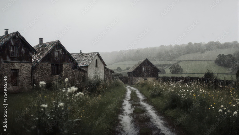 Fototapeta premium Rural scene Stone homes line a muddy path under a grey sky, fields receding into mist