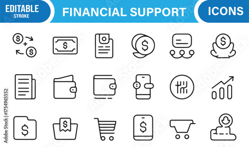 Vector illustration set of financial support icons for investment, economy, and business projects