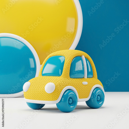 Yellow Textured Toy Car with Blue Wheels on a Minimalist Background