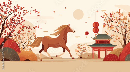 Animated style horse runs through autumn landscape with pagoda and lanterns