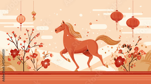 Stylized illustration of a horse with lanterns and flowering branches in earthy tones