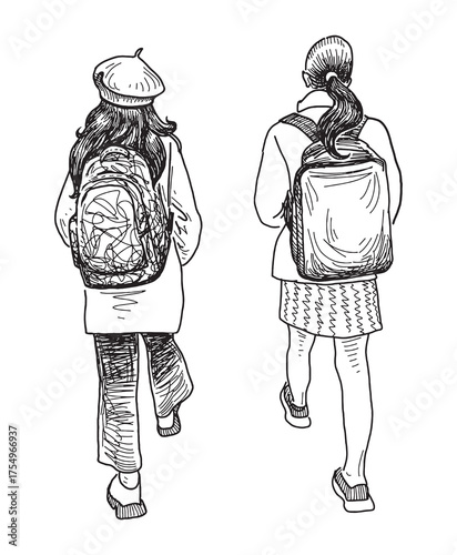 Two schoolgirls with backpacks walking together along street, back view, realistic sketch, vector hand drawn illustration isolated on white