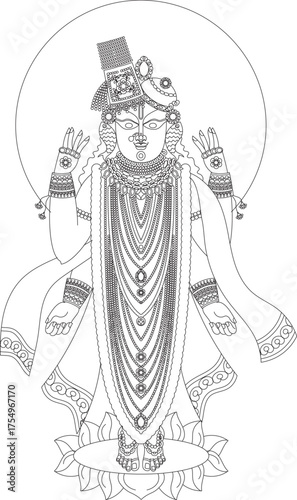 Shrinathji, Jagannath, or Lord Krishna with cows, in Indian folk painting Pichwai style	
