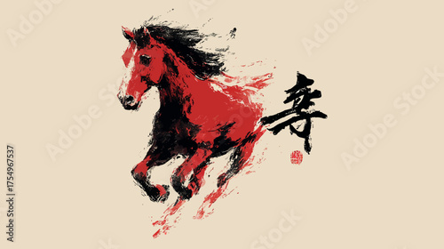 Dynamic ink wash painting of a red and black horse, with Asian calligraphy on beige