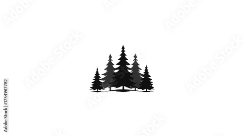 Silhouetted group of six evergreen trees in varying shades of gray on a white backdrop