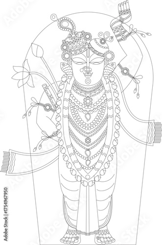 Shrinathji, Jagannath, or Lord Krishna with cows, in Indian folk painting Pichwai style	
