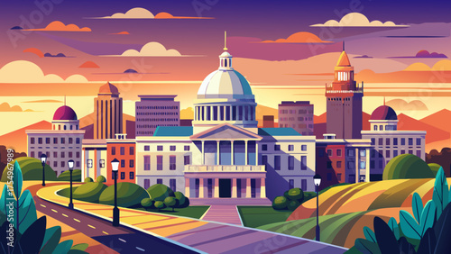 Very beautiful view of Montgomery, Alabama, USA, featuring the majestic State Capitol building at dawn, bathed in soft golden light with a tranquil cityscape surrounding it.