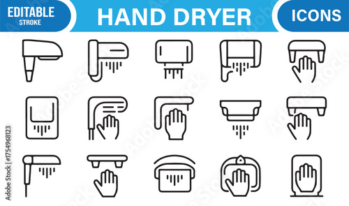Editable stroke hand dryer vector set featuring automatic air dryers for facility and hygiene artwork