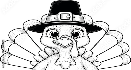 Thanksgiving Turkey Cartoon Illustration in Black and White